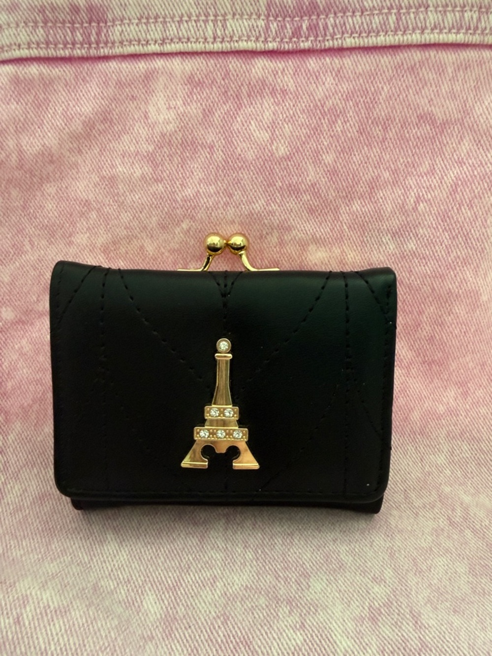 Black Women's Mini Wallet with Eiffel Tower Accent